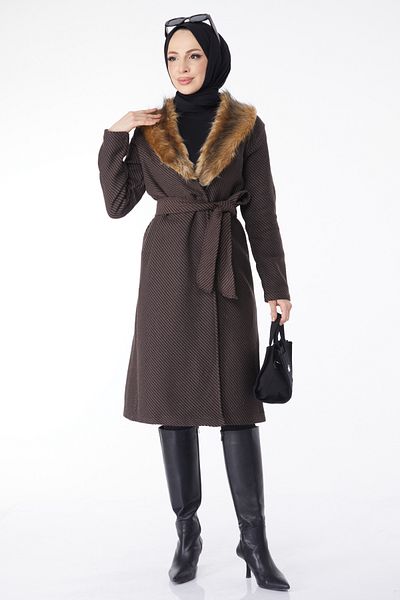 TOFİSA Women's Brown Plain Fur Collar Coat - 13127