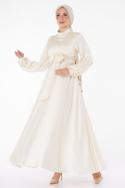 TOFİSA Abendkleid mit vorderer Schnürung Ecru - 25342