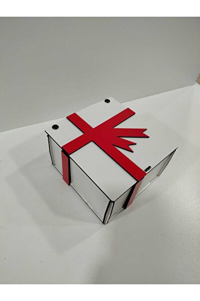 Vuslat Hediyelik Beyaz Ahşap Hediye Kutusu (15x15 cm) Yükseklik 9cm Dekor Kırmızı