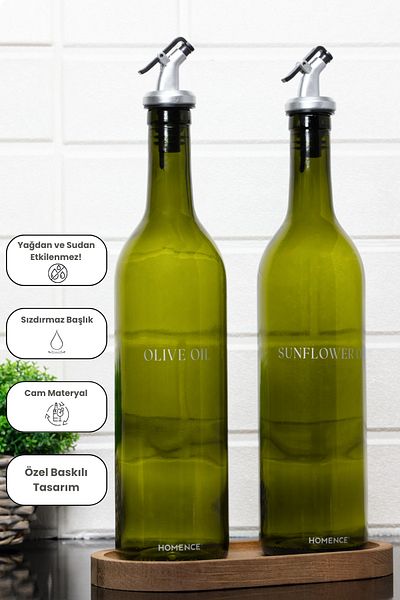homence Set of 2 Printed Olive Oil Sunflower Oil Bottle with Wooden Stand 750ml Glass Oil Pot Oil Bottle
