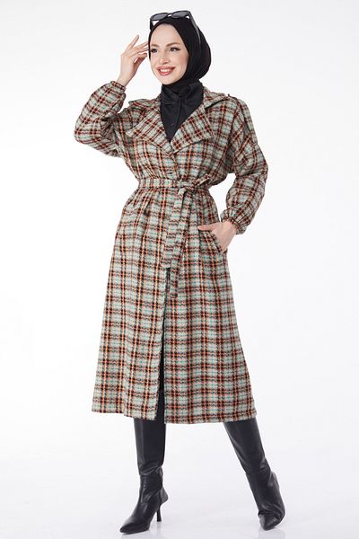 TOFİSA Double Breasted Collar Belted Cashmere Coat Mink - 13137