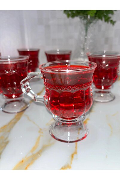 SOFRA STİL 6'lı Cam Şeffaf Çay Bardağı Seti Ayaklı Kulplu
