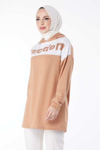 TOFİSA Printed Hooded Sweatshirt Biscuit - 13134