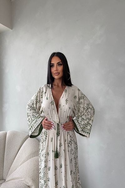 LİLA İSTANBUL Double Breasted Collar Gipeli Viscose Fabric Floral Patterned Bat Sleeve Summer Dress