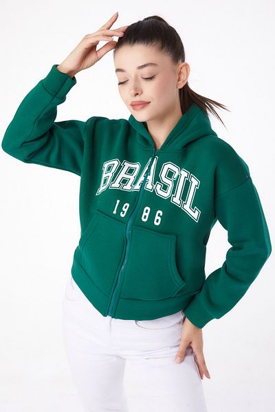 TOFİSA Plain Hooded Collar Women's Green Zippered Crop Sweatshirt - 26278