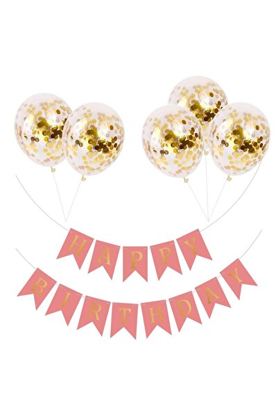 Ropet Set 5 baloane confetti auriu si banner Happy Birthday roz