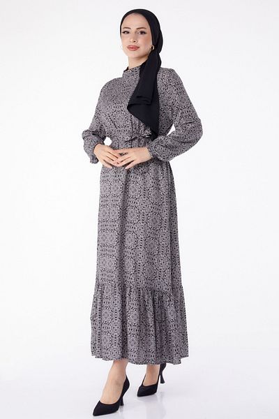 TOFİSA Patterned Belted Dress Black - 25345