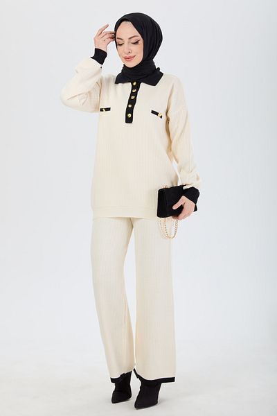 TOFİSA Beige Knitwear Women's Set - Plain Shirt Collar - 24220