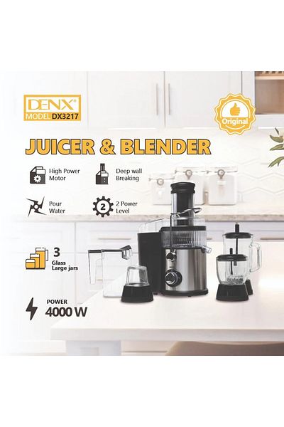 Denx DX3217 Multi-Function Juicer & Blender – 3 Glass Jars, Ice Crushing, Easy to Clean