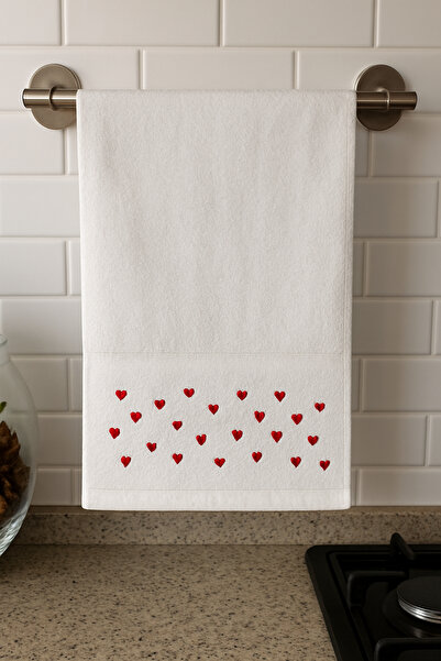 mihriban White Embroidered Heart Cotton Hand - Extra Soft Face Towel 50X90 cm (1 Piece)