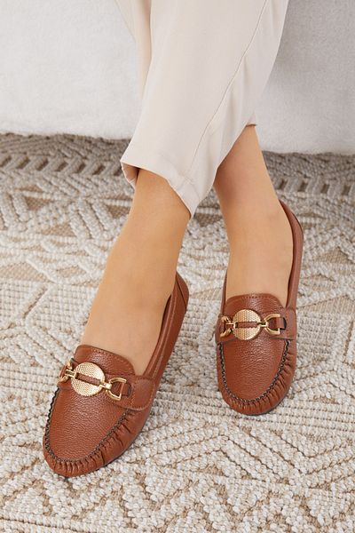 TOFİSA Women's Brown Buckle Lightweight Comfortable Sole Ballerinas - 24579