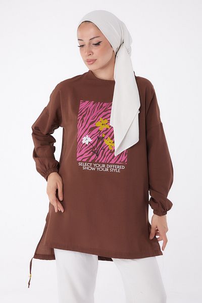 TOFİSA Brown Plain Crew Neck Women's Tunic - 10812