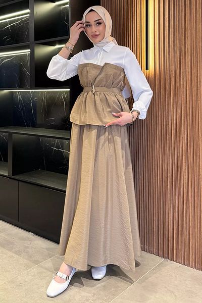 julude Cămașă cu cataramă în față bej Bluză decorată Fusta Hijab Set dublu
