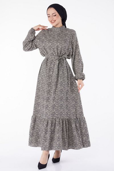 TOFİSA Belted Patterned Dress Black - 25463