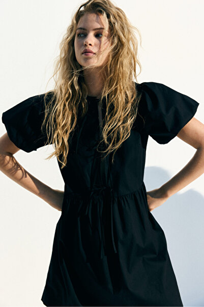 H&M Önü Bağcıklı Poplin Elbise