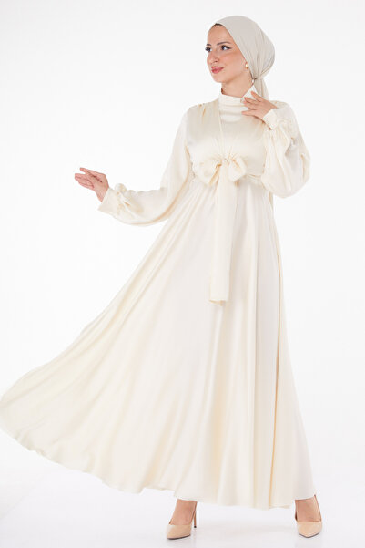 TOFİSA Abendkleid mit vorderer Schnürung Ecru - 25342