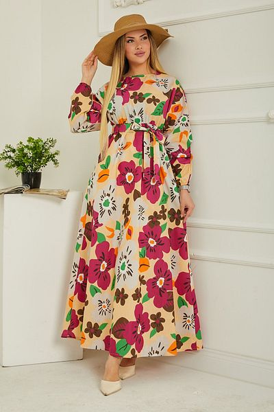 TOFİSA Ecru Print Drawstring Sleeve Dress - 26619