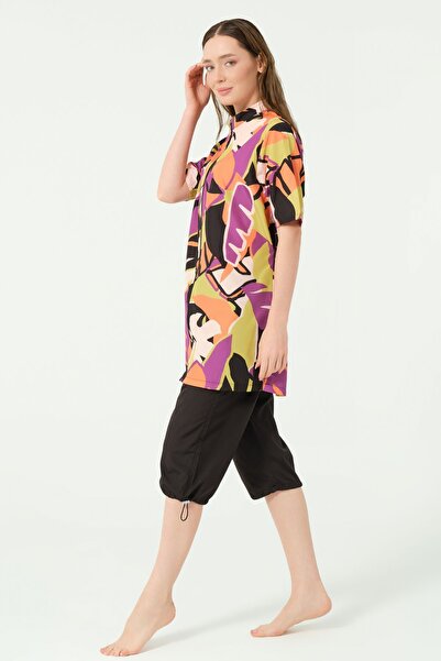 ALFASA Patterned Half Sleeve Half Covered Swimsuit