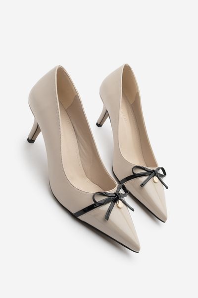 Marjin Women's Stiletto Pointed Toe Bow Detailed Heeled Shoes Ondes Beige