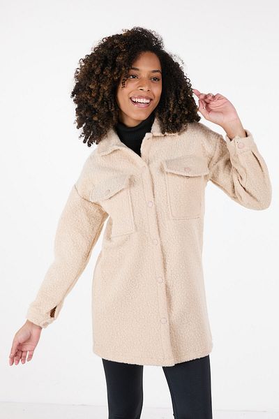 TOFİSA Beige Stamp Coat - Plain Shirt Collar, Women's - 23436
