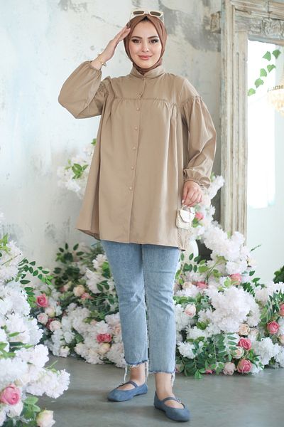 TOFİSA Shirred Shirt Beige - 13136