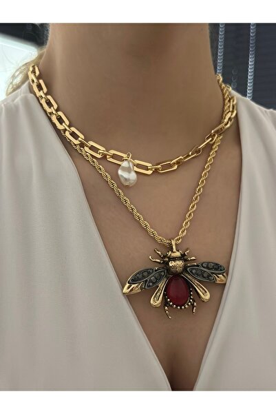 MyladyAccessoriess قلادة نحلة من اللؤلؤ الباروكي وسلسلة مزدوجة