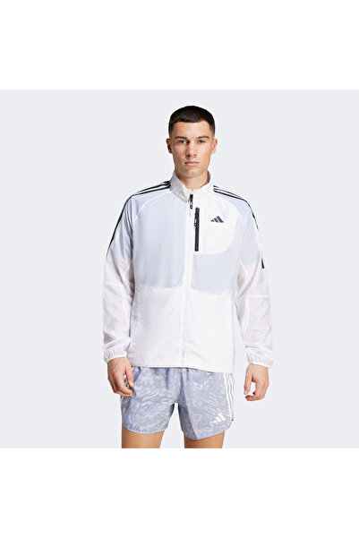 adidas Jachetă albă pentru bărbați Own The Run 3 Stripes Packable