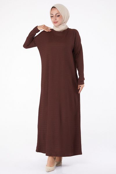 TOFİSA Plain Crew Neck Women's Brown Dress - 26280