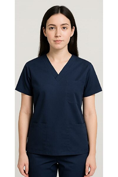 Unisex Terikoton Hemşire Doktor Forması Lacivert Tek Üst