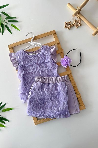 Minigimin Cicileri My Little Girl's Tulle S Detailed Girl's Crown Shorts Skirted Girl's 3-Piece Set - Lilac