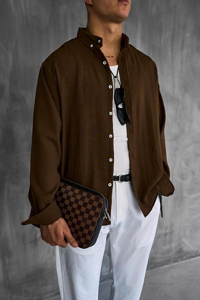 ablukaonline Ανδρικό άνετο πουκάμισο oversize καφέ