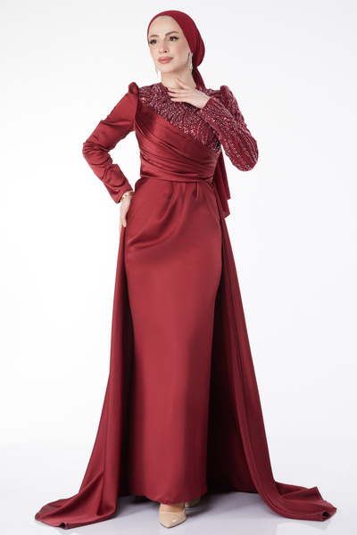 TOFİSA Suknia wieczorowa z cekinami i ogonem w kolorze bordowym - 24884