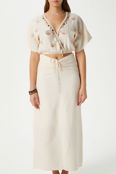 Ritnice Women's Nara Muslin Stone Oyster Embroidered Blouse Skirt Bottom Top Set