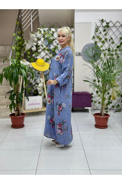 Punta Otantik Ls16528 Italian Floral Linen Dress Blue