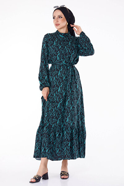 TOFİSA Green Patterned Straight Chief Collar Women's Dress - 25711