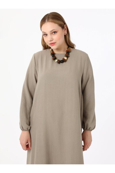 ALİA Büyük Beden Kolları Lastikli Basic Aerobin Elbise - Vizon - Alia