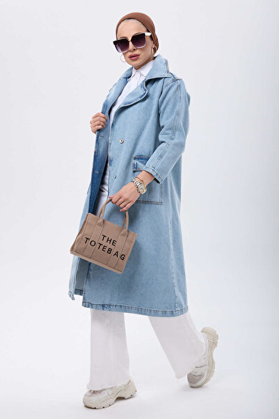 TOFİSA 23624-ICE-BLUE-BLUE Belted Side Pockets Denim Trench Coat