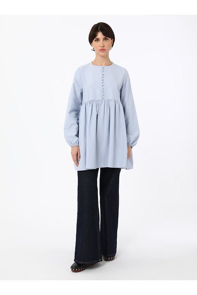 Benin Buttoned Tunic with Shirring Detail - Gok Blue - Benin