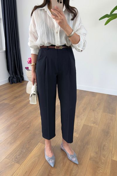 BİRCANÇİL Frons Navy Blue Belted Cap Pocket Carrot Pants