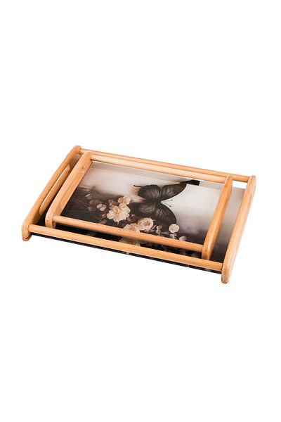 Dania A set of 2 wooden and glass plates and trays with elegant artistic drawings and colors. The medium size is 33*24 cm and the large size is 42*30 cm.