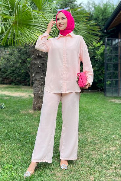 TOFİSA Pink Tunic and Shirt Collar Women's Trousers - 11339