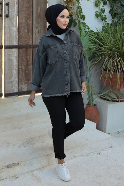 TOFİSA Women's Oversize Tassel Detail Collar Pocket Denim Jacket D1 Black - 26580