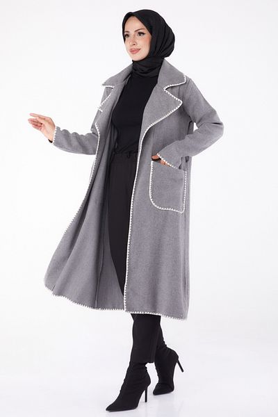 TOFİSA Embroidery Detailed Coat Gray - 13284