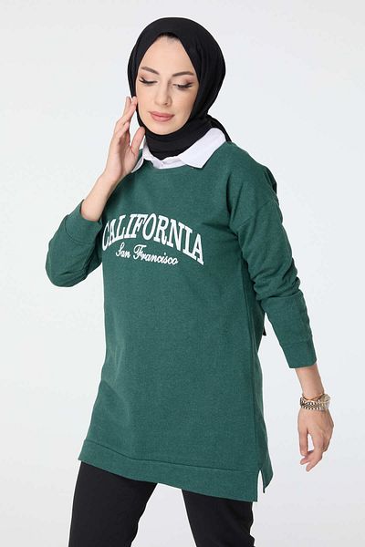 TOFİSA Green Women's Sweat - Plain Crew Neck - 23467