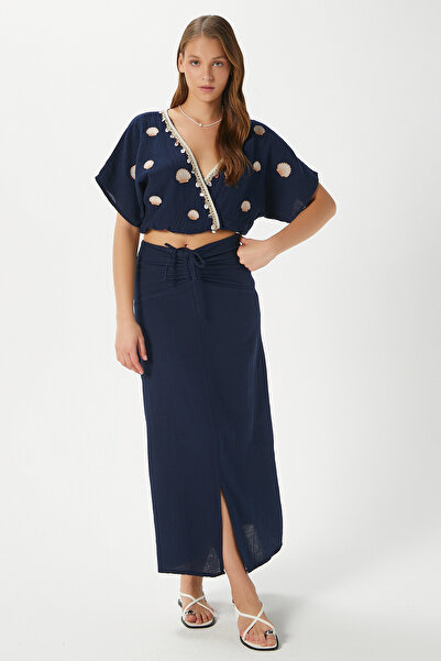 Ritnice Women's Nara Muslin Navy Blue Oyster Embroidered Blouse Skirt Bottom Top Set