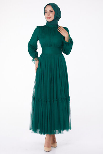 TOFİSA Green Tulle Straight Chief Collar Women's Evening Dress - 26189