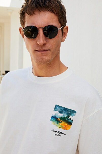 GRIMELANGE Ανδρικό μπλουζάκι ITALIA από 100% οργανικό βαμβάκι με μπροστινή πίσω εκτύπωση με λεπτομέρεια Oversize κοντομάνικο εκρού