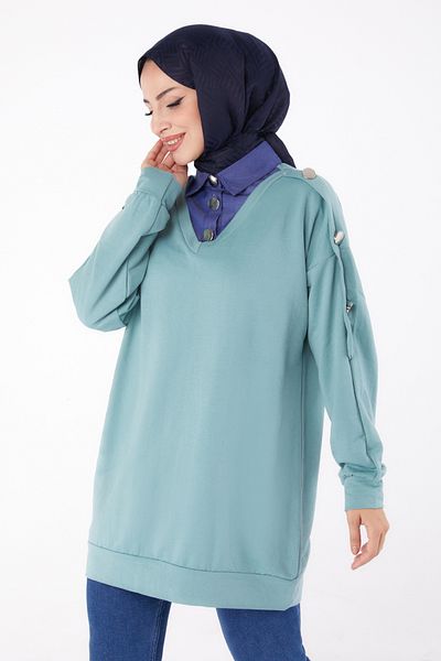 TOFİSA Denim Detailed Sweatshirt Mint - 13298