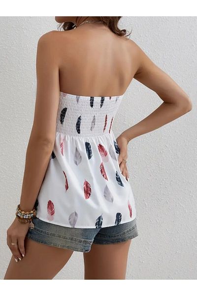 velmorafashion Byrodyna Women's Leaf Patterned Mosskrep Strapless Blouse with Chest Gimp