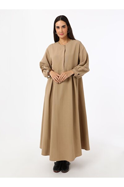 Benin Linen Blended Hijab Dress with Placket Detail on the Front - Beige - Benin